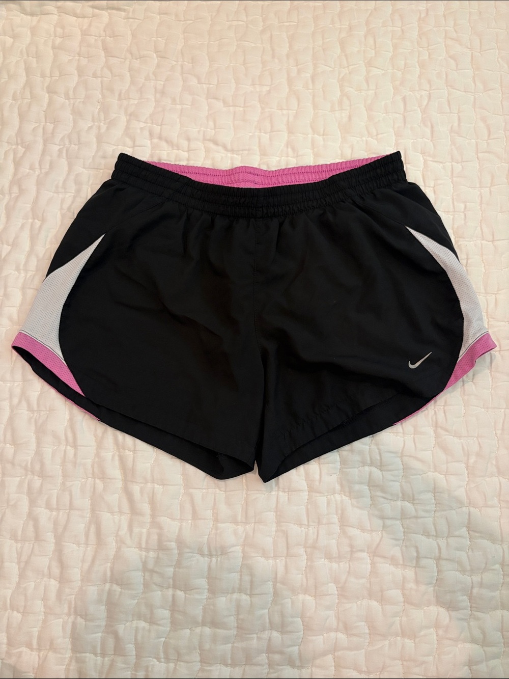 Nike Women’s Black Athletic Shorts with Pink and White Accents